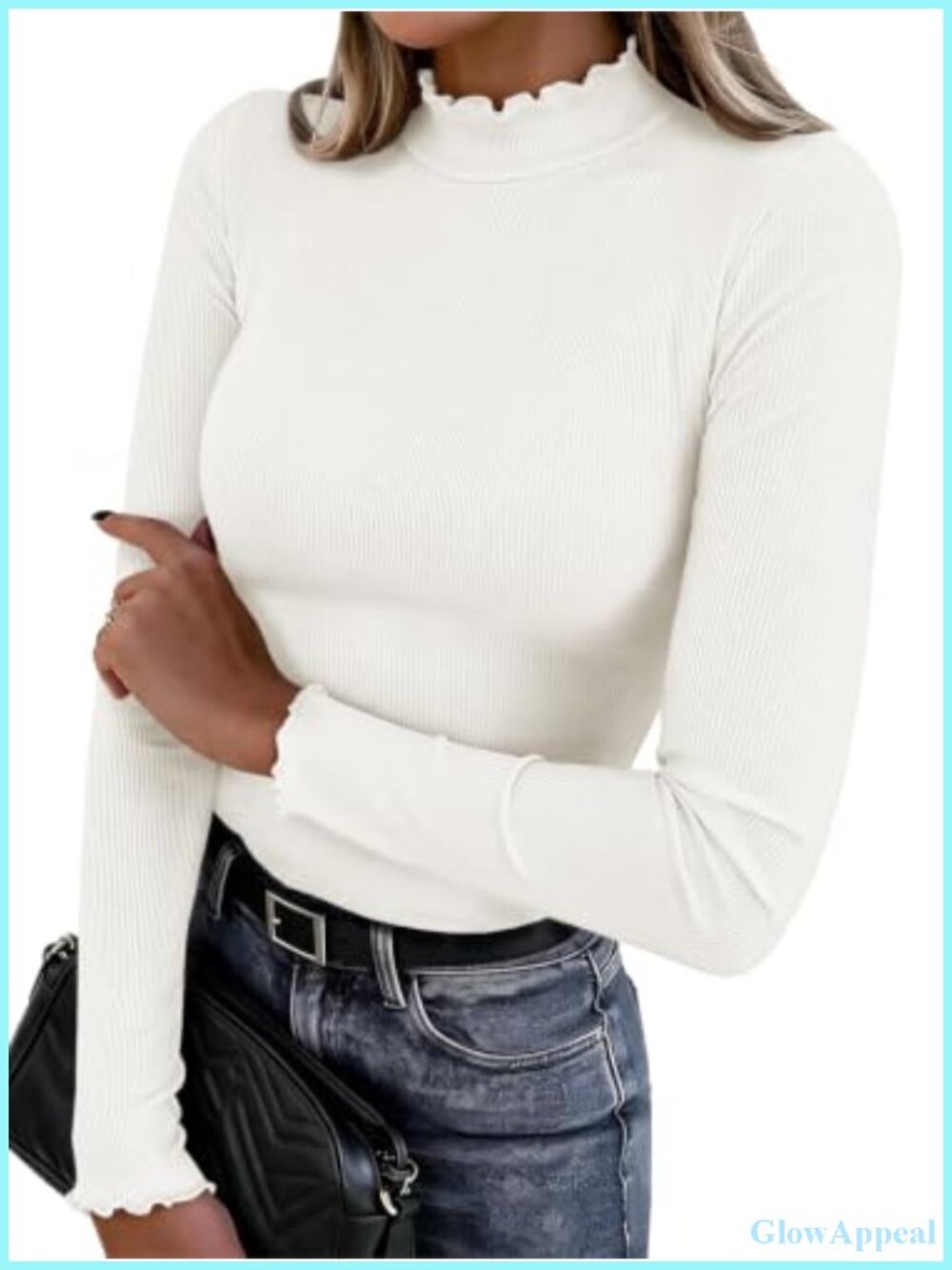 Ribbed Knit Long Sleeve Mock Neck Lettuce Trim Top Fall Layering Shirt